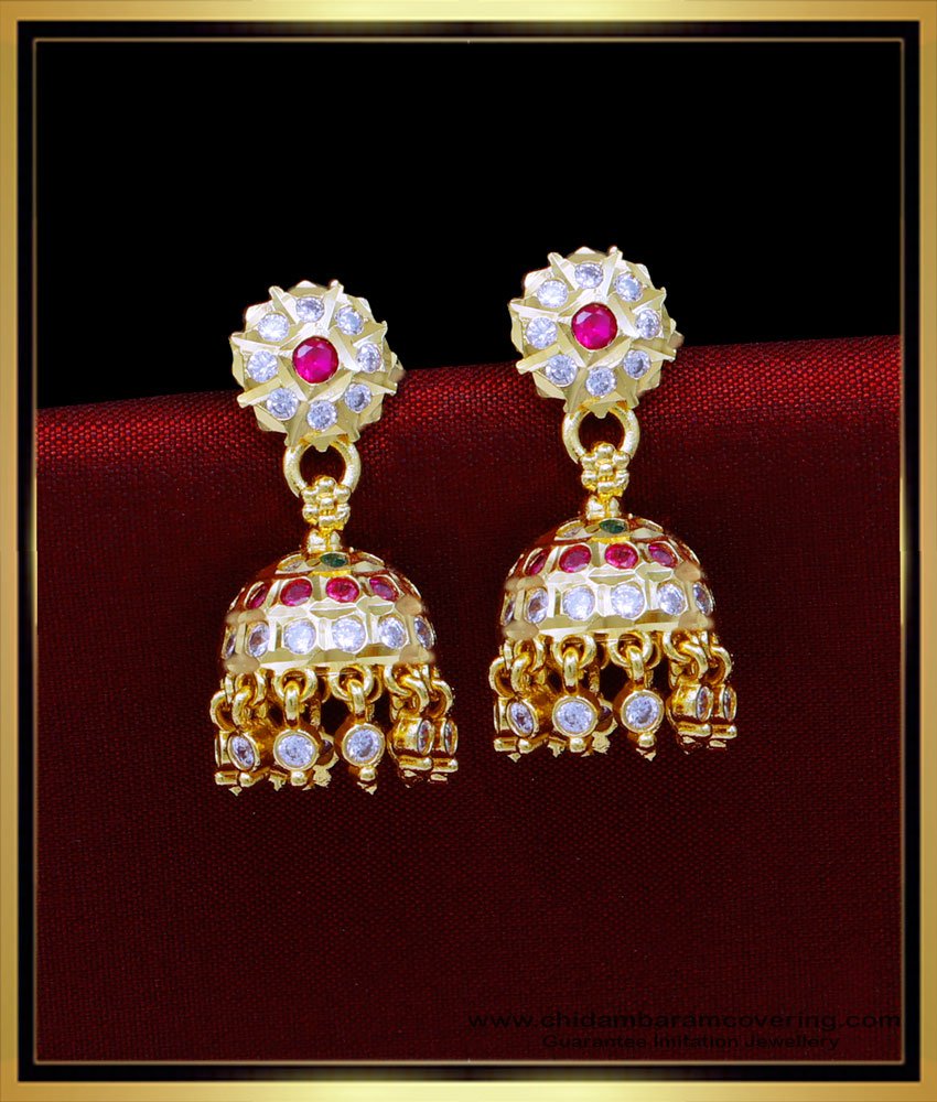 impon jhumkas, Impon jhumkas gold plated, Impon jhumkas gold, stone earrings design, stone jhumka earrings, white stone jhumka earrings