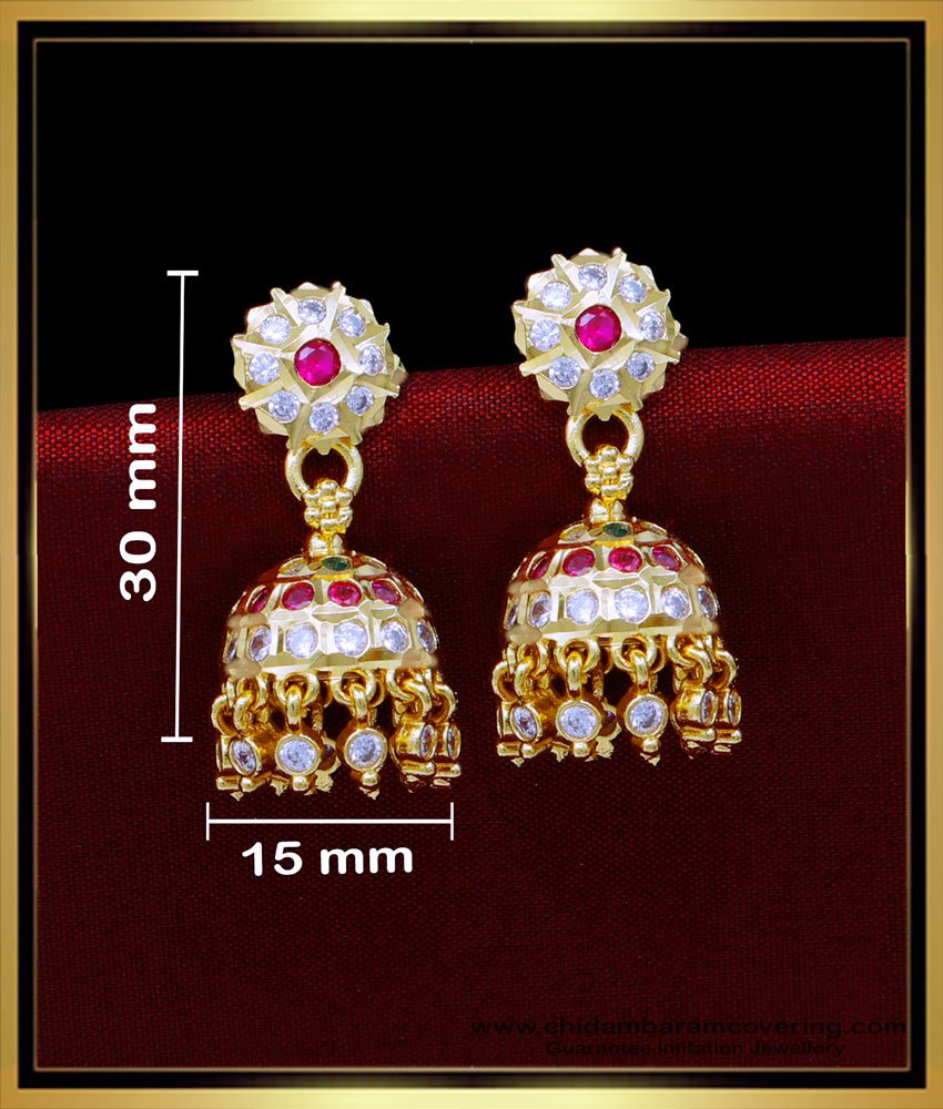 impon jhumkas, Impon jhumkas gold plated, Impon jhumkas gold, stone earrings design, stone jhumka earrings, white stone jhumka earrings