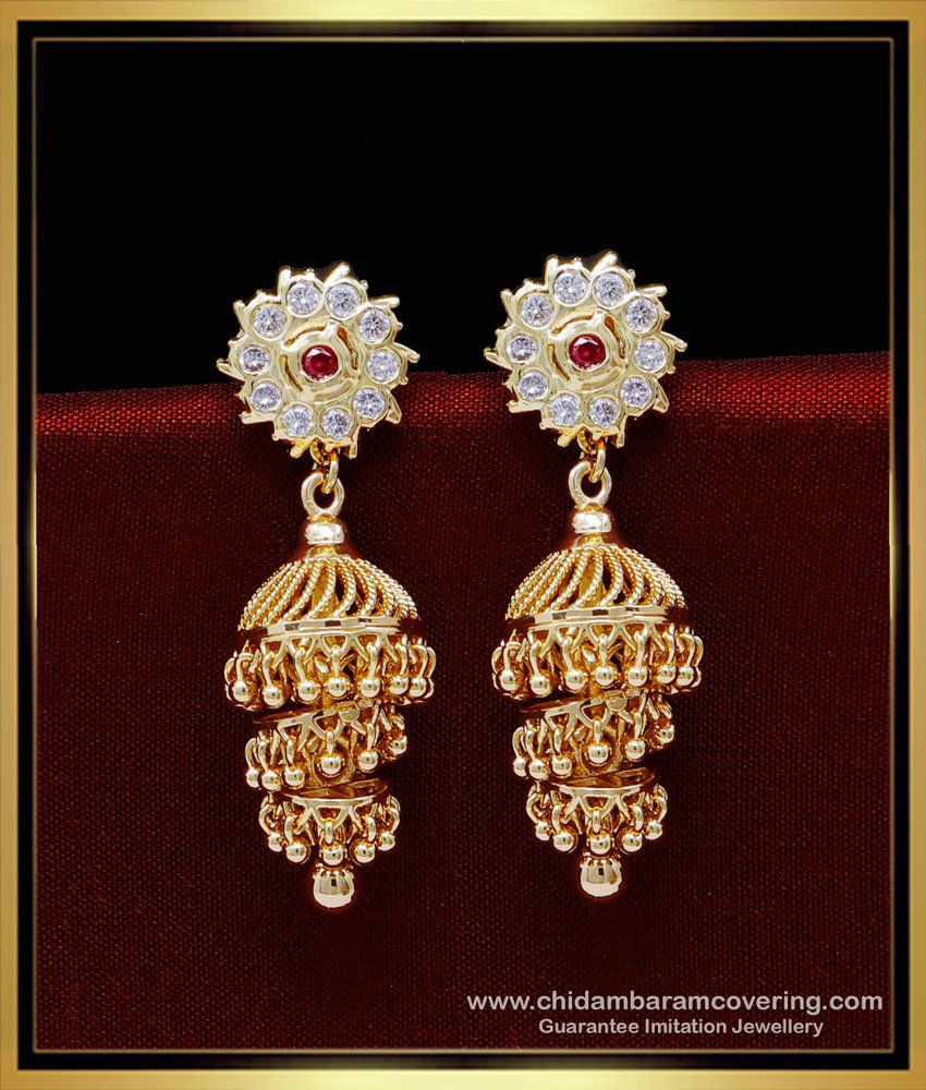 layer jhumka earrings gold, 2 layer jhumka earrings gold, fashion jewellery online, jimikki kammal, Indian Jhumkas Online Shopping, buttalu earrings designs, jimikki design, gold jhumka design with price