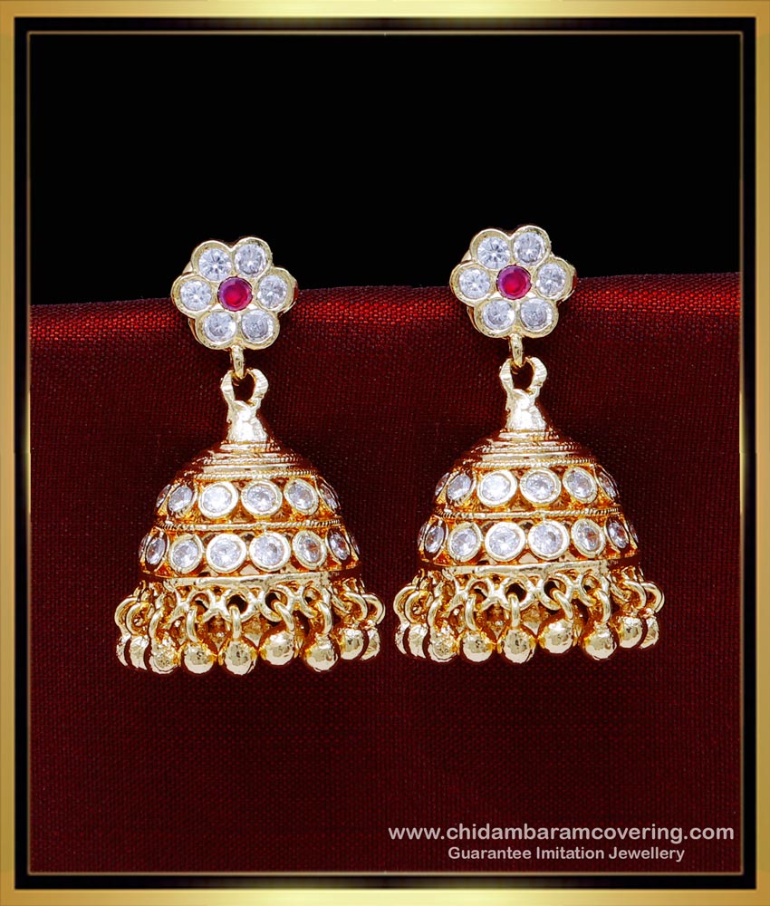  gold plated jhumkas, stylish bridal gold jhumka design, gold jhumka new design, jimikki kammal, stone jhumkas, bridal heavy gold jhumka design, artificial jhumkas, ruby jhumkas, impon jewelelry