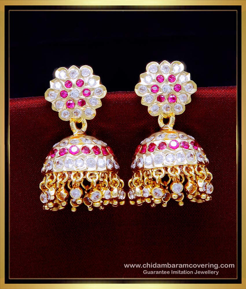 impon jhumkas, Impon jhumkas gold plated, traditional jhumkas online, buttalu designs, stone jhumka earrings, white stone jhumka earrings