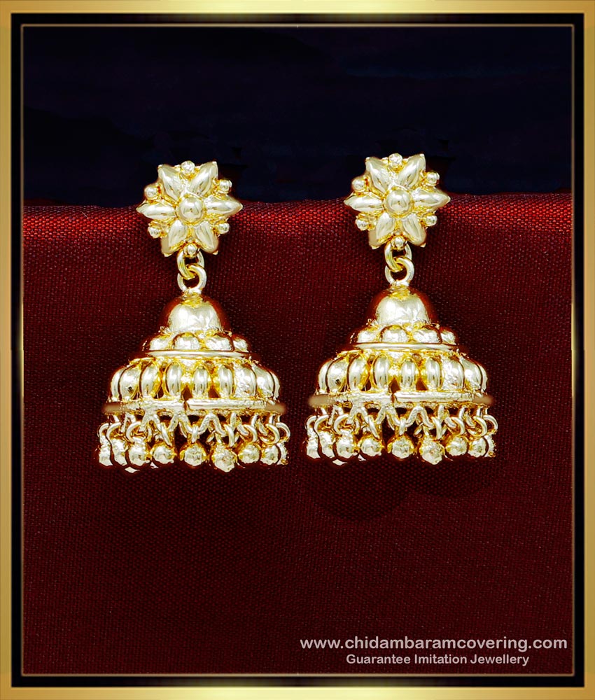 jhumka design gold earrings, traditional jhumkas online, 1 gram gold earrings online, gold plated jhumka earrings, jimikki kammal designs, bridal jhumkas online shoppin