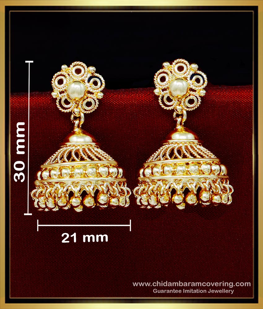 jhumka design gold earrings, traditional jhumkas online, 1 gram gold earrings online, gold plated jhumka earrings, jimikki kammal designs, bridal jhumkas online shoppin