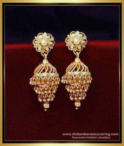 ERG1956 - Gold Pattern 3 Layer Jhumka Earrings Design for Wedding