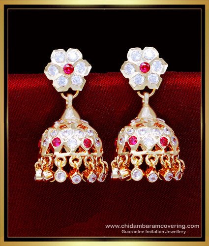 ERG2093 - Best Quality White and Ruby Stone Impon Earrings Designs