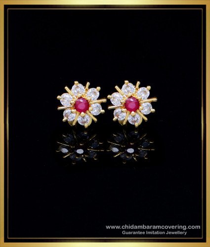 ERG2109 - Cute Small White and Ruby Stone Stud Earrings Artificial