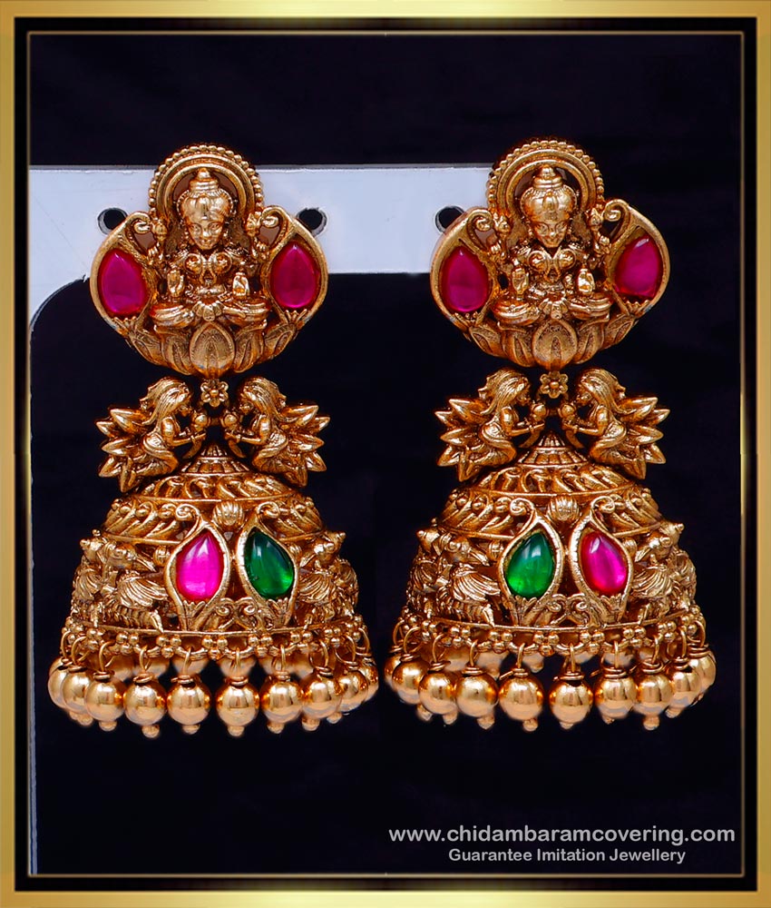 big jhumkas, designer jewellery, latest gold buttalu design, temple buttalu design, temple jhumkas earring, one gram gold jewellery online, nagas jhumkas,