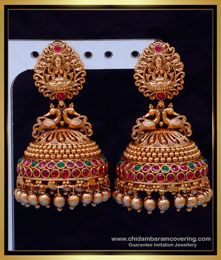 big jhumkas, designer jewellery, latest gold buttalu design, temple buttalu design, temple jhumkas earring, one gram gold jewellery online, nagas jhumkas,