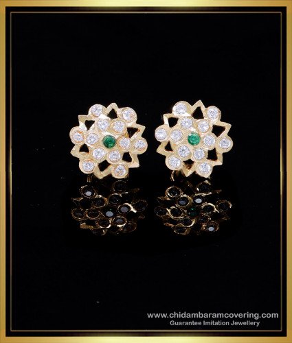 ERG2134 - White and Emerald Stone Small Ear Studs Gold Designs