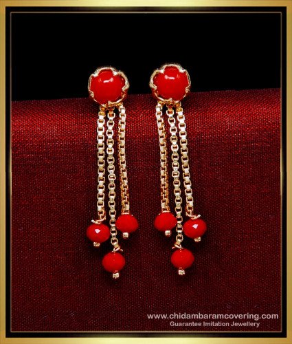 ERG2160 - Attractive Gold Plated Double Line Red Crystal Earrings