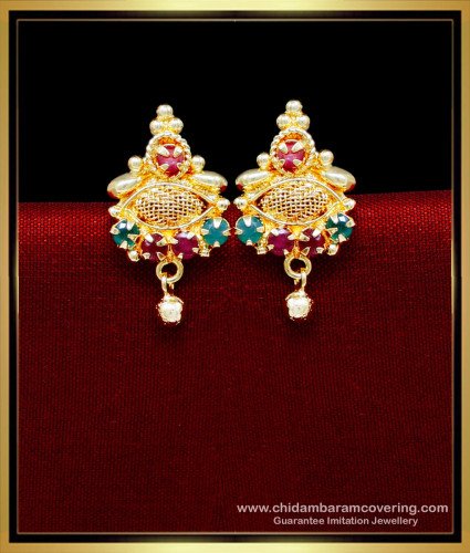 ERG2172 - Traditional Gold Design Ruby Emerald Stone Earrings