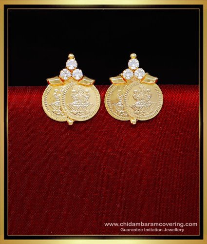 ERG2248 - Trendy White Stone Lakshmi Coin Earrings Gold Design