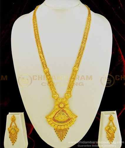 HRM462 - Real Gold Look Beautiful Design Enamel Finish Gold Forming Rani Haaram with Earrings Combo Set