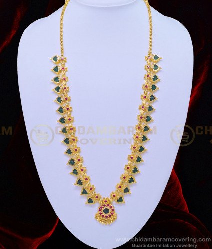 HRM593 - Kerala Traditional Marriage Green Palakka Mala One Gram Gold Long Palakka Haram Online