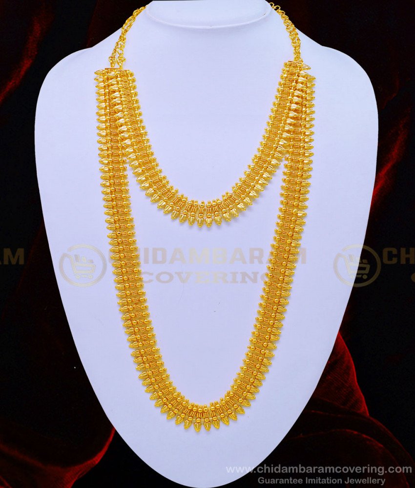 one gram gold jewellery, kerala wedding jewellery, kerala jewellery, long haram necklace, gold plated jewellery, manga malai, gold malai, malai with price, 