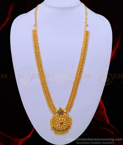 HRM696 - Latest Mullapoo Design Ruby Emerald Stone Wedding Long Haram 