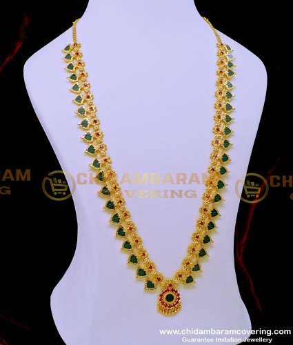 HRM792 - 30 Inches Traditional Green Palakka Mala Gold Plated Long Palakka Haram Design Online