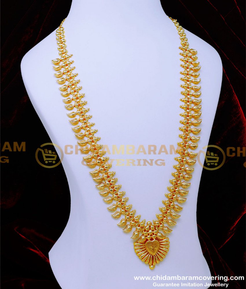 kerala haram design, kerala gold necklace designs, kerala traditional jewellery, kerala covering jewellery online shopping, long mango haram designs in gold, light weight jewellery, gold plated jeweller