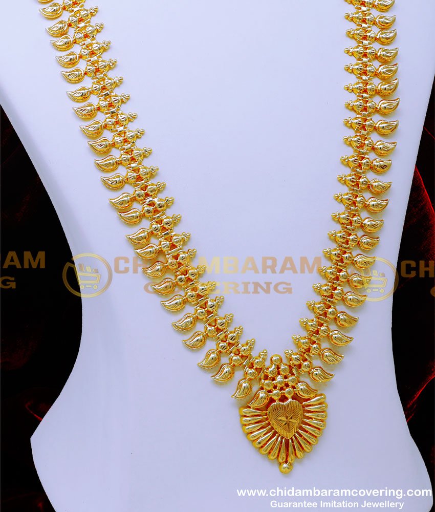 kerala haram design, kerala gold necklace designs, kerala traditional jewellery, kerala covering jewellery online shopping, long mango haram designs in gold, light weight jewellery, gold plated jeweller