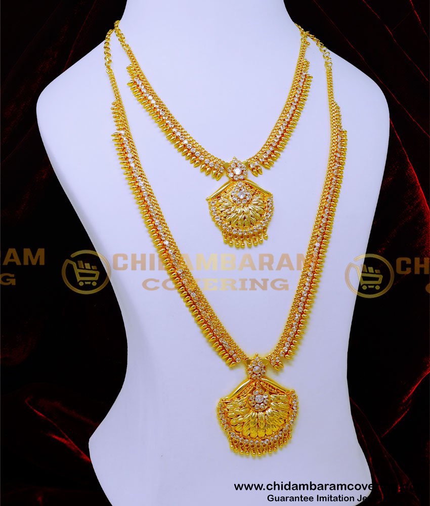 gold plated jewellery, 1gm gold plated jewellery, wedding jewellery, gold plated wedding jewellery set, wedding jewellery for bride, wedding cz jewellery sets with price, white stone haram set, gold haram designs, gold haram designs in 40 grams