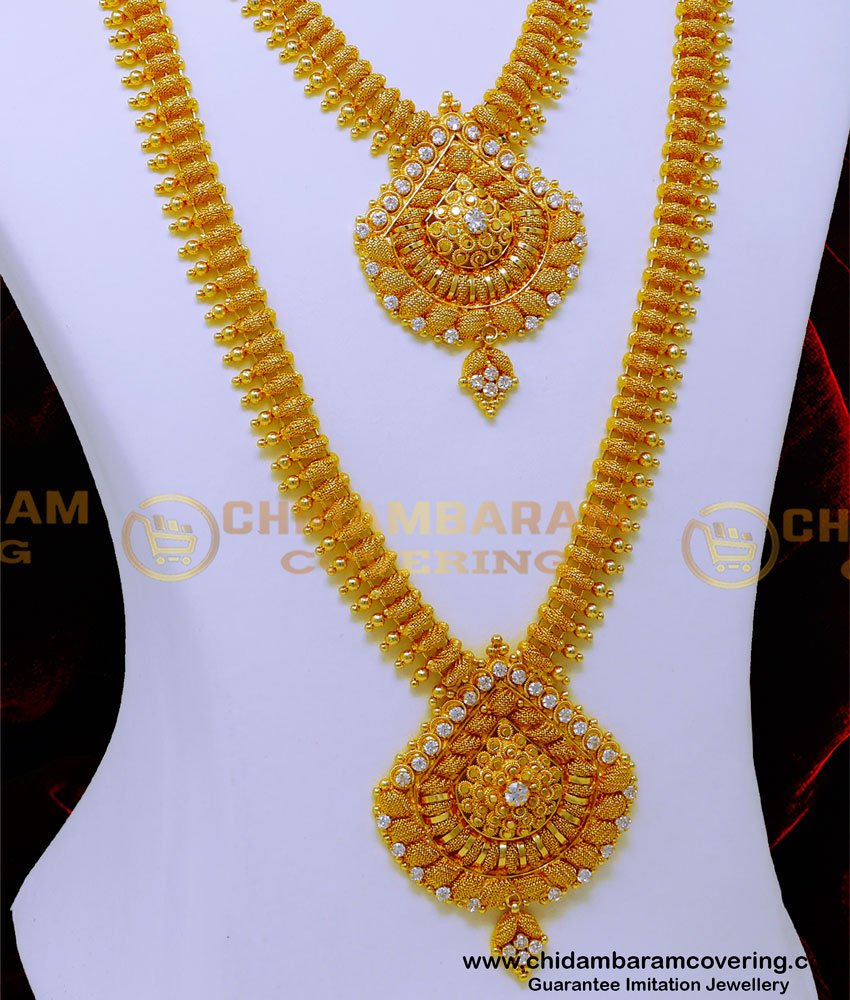 gold plated jewellery, 1gm gold plated jewellery, wedding jewellery, gold plated wedding jewellery set, wedding jewellery for bride, wedding cz jewellery sets with price, white stone haram set, gold haram designs, gold haram designs in 40 grams