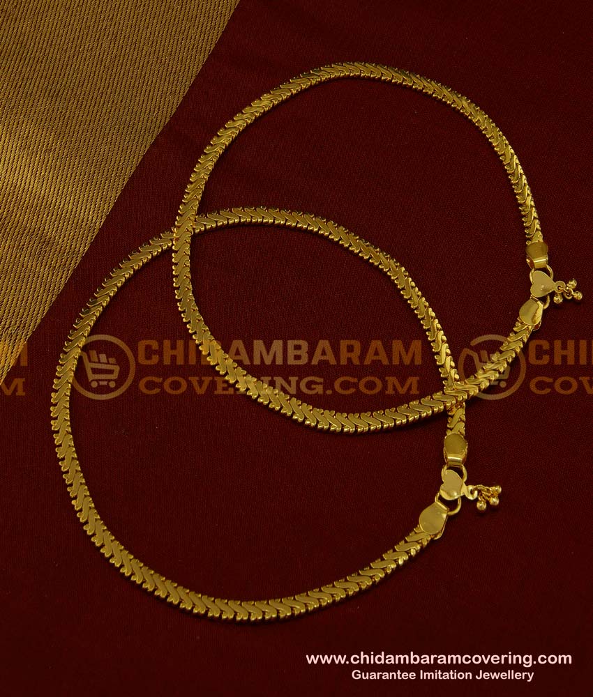 ANK066 - 12 Inch Real Gold Design Plain Thick Chain Type Kerala Design Anklet Kolusu Indian Jewellery