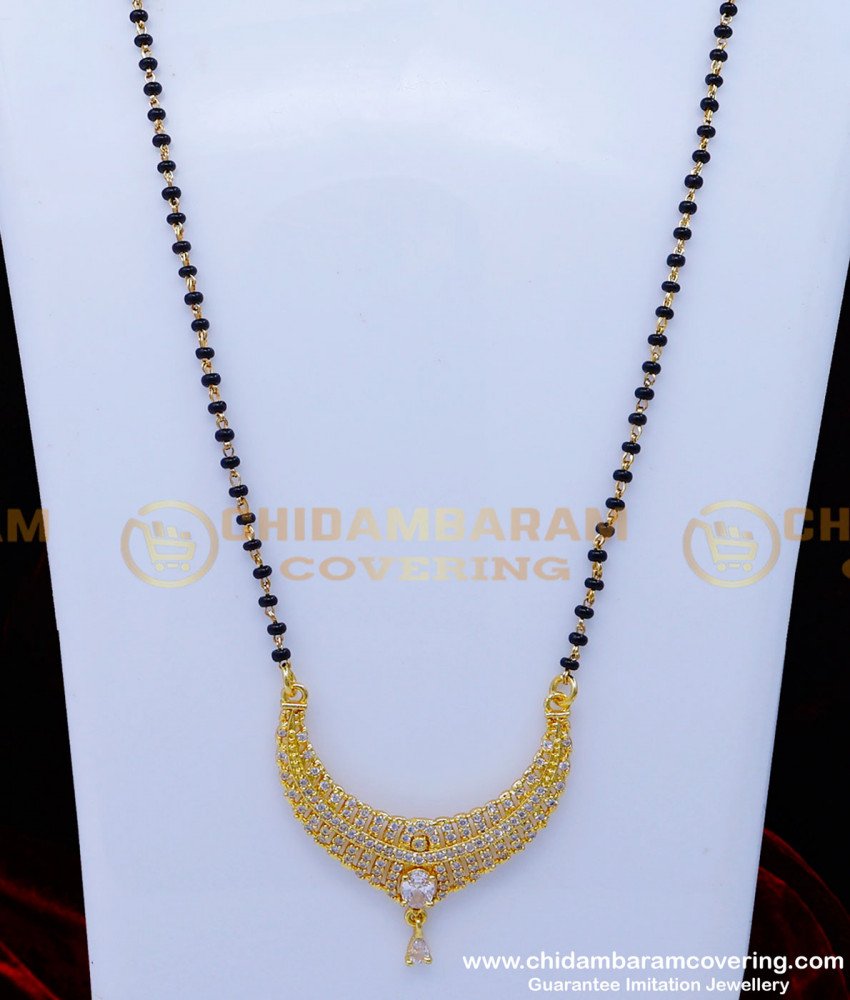 White Stone Pendant with Black Beads Long Mangalsutra Design