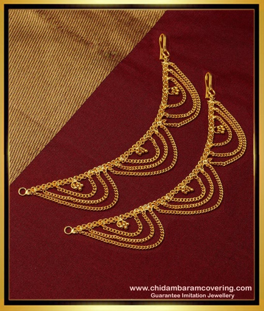 MAT149 - Traditional Gold Mattal Design Three Line Chain Hook Type Side Ear Chain Online