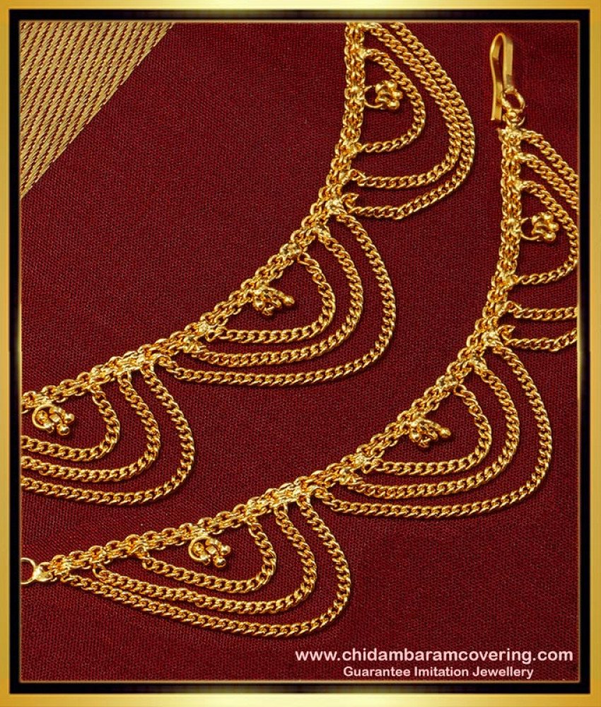 MAT149 - Traditional Gold Mattal Design Three Line Chain Hook Type Side Ear Chain Online