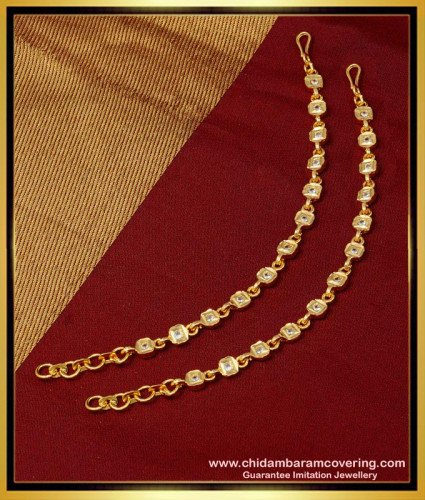 MAT150 - Simple White Stone Impon Maatal Bridal Wear Ear Chain Design