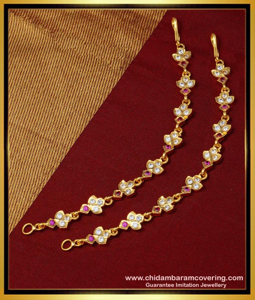 one gram gold mattel design, ear chain, mattil design, gold plated mattal, stone ear chain, covering mattel