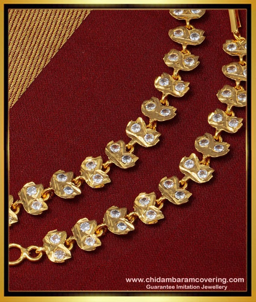 MAT154 - Gold Design White Stone Leaf Design Impon Mattal Ear Chain Online Shopping