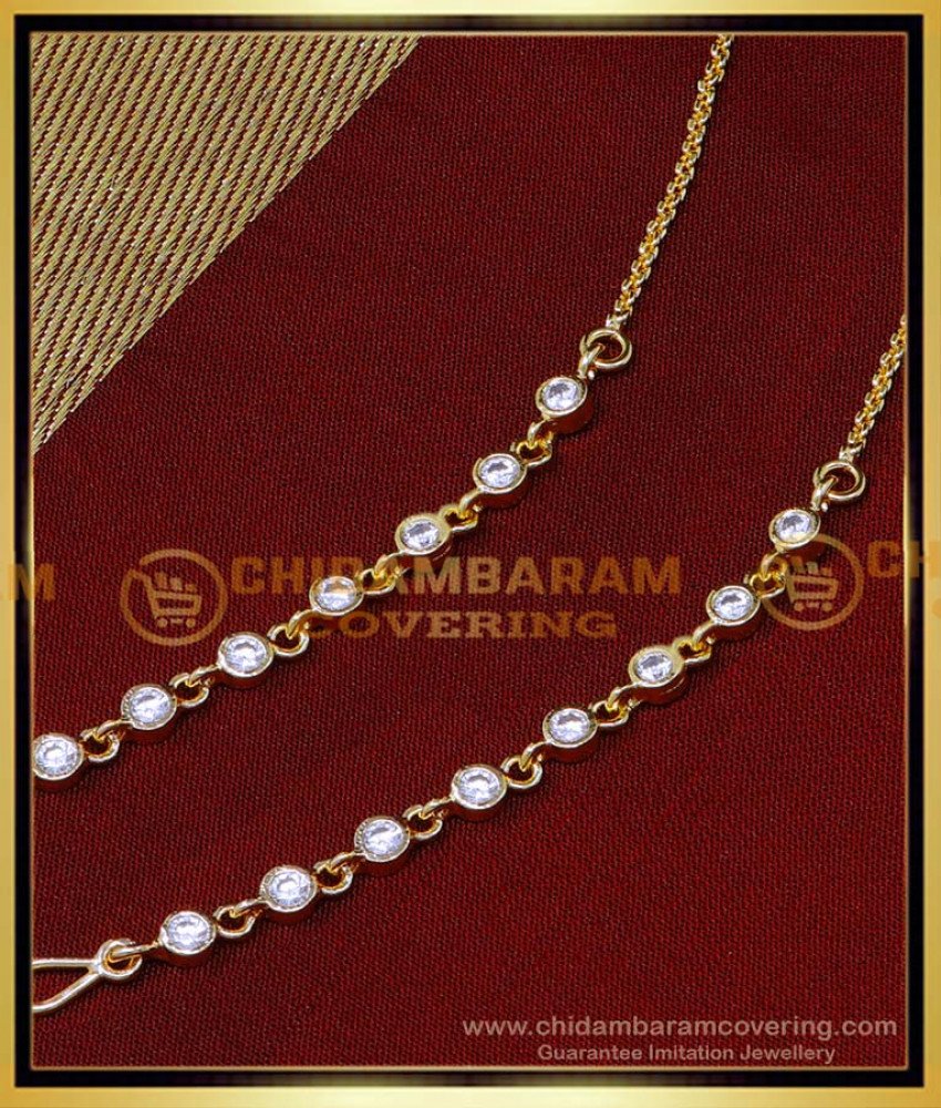 white stone ear chain, Women stone ear chain, Stone ear chain gold, mattal designs online, side mattal designs in gold, gold ear side chains with price, gold ear mattal designs, 2 gram gold ear chain price