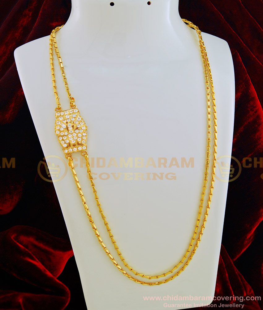 MCHN315 - New Gold Design White Stone Impon Big Mugappu with Two Line Thali Chain Daily Wear Impon Jewellery for Women