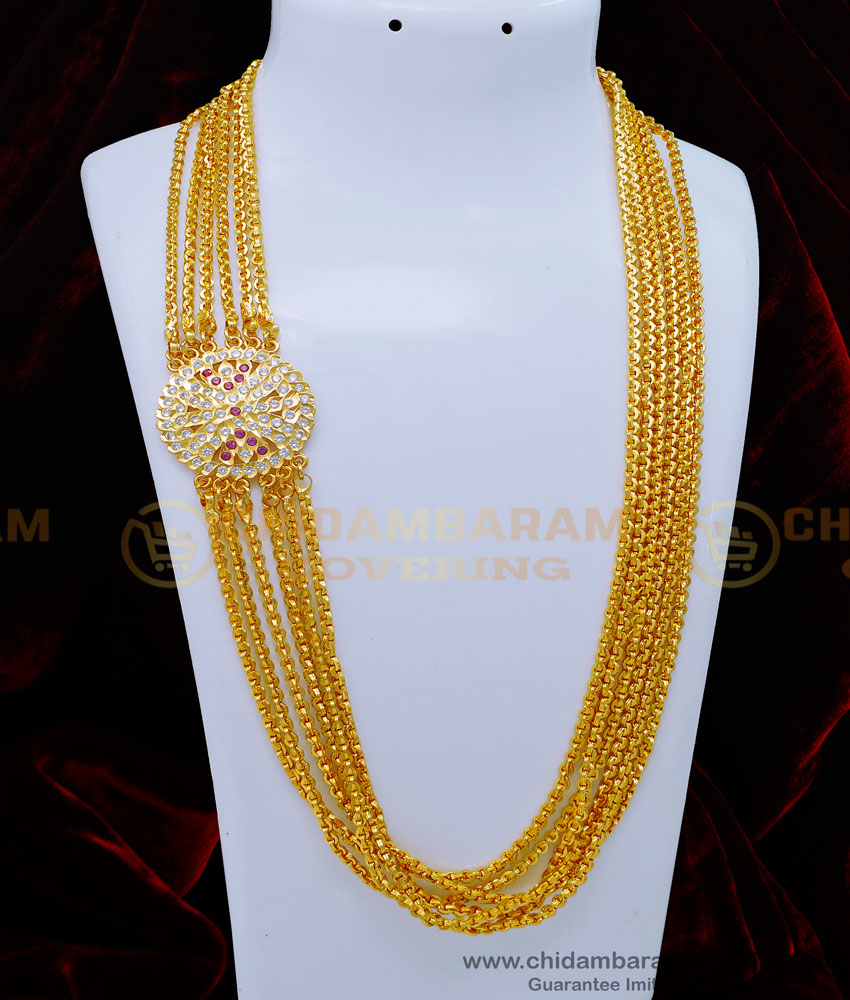 MCHN439 - Beautiful Impon 6 Line Chain with Big Round Stone Mugappu Chain for Women 