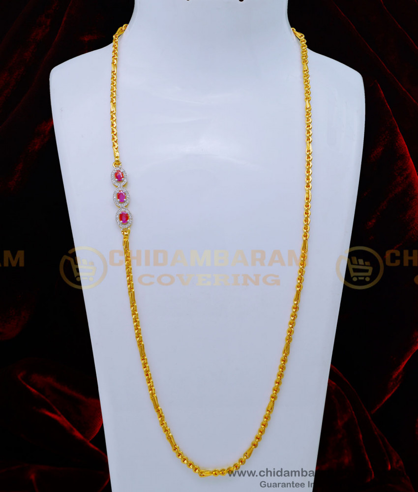 Unique White and Ruby Stone Diamond Design Mugappu Chain Online