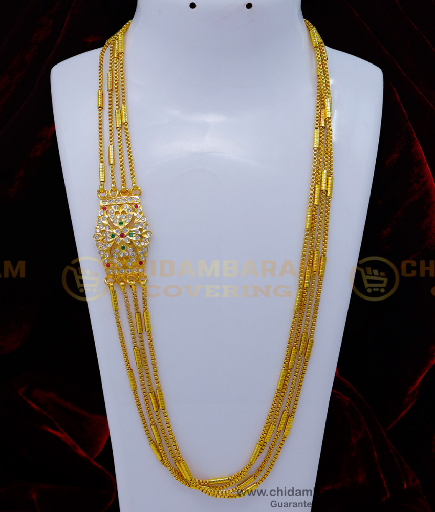 4 line mugappu chain design, impon mugappu chain, mugappu thali chain, thali chain design online, stone mugappu chain