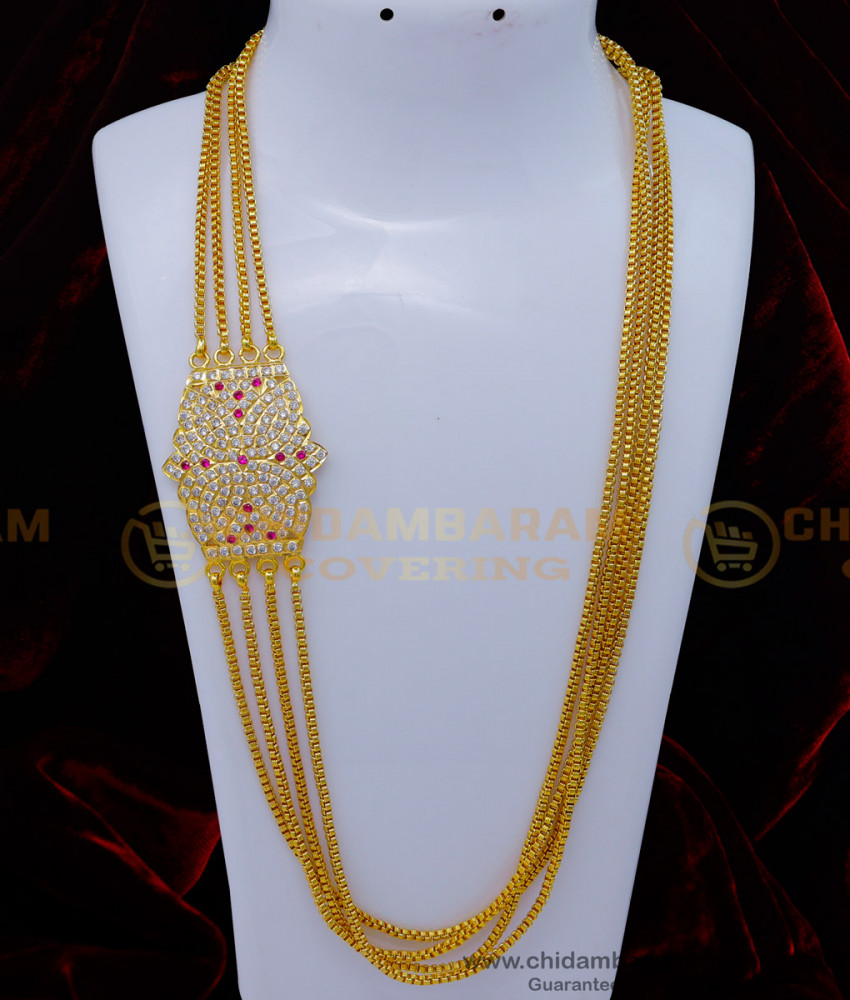 4 line mugappu chain design, impon mugappu chain, mugappu thali chain, thali chain design online, stone mugappu chain