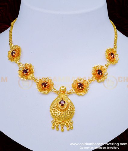 NLC1011 - Unique Party Wear Ruby Stone Flower Design Short Necklace for Women