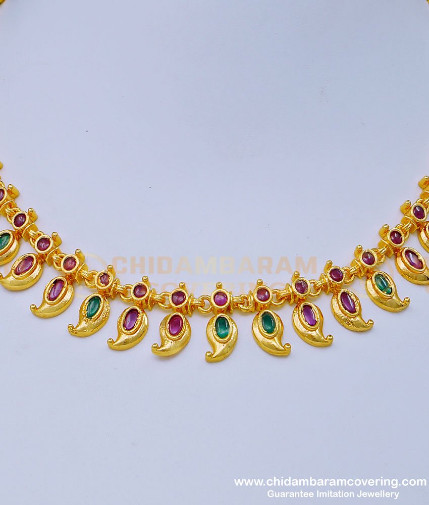 NLC1017 - Latest High Quality Gold Plated Ruby Emerald Mango Design Necklace Online