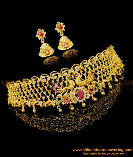 NLC1051 - 1 Gram Gold Bridal Wear American Diamond Stone Choker Necklace Set