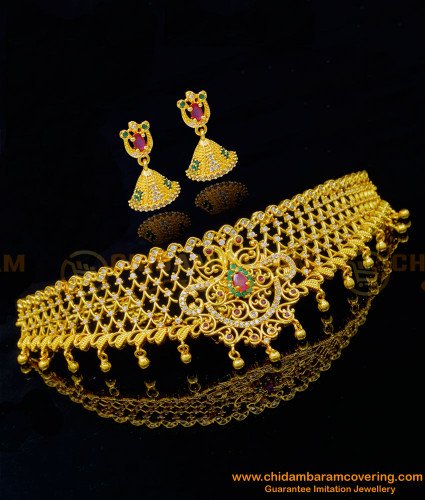 NLC1052 - Wedding Choker Necklace Set Peacock Design Ad Stone Necklace with Jhumkas Online