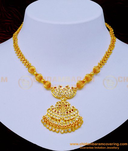 NLC1065 - Latest Collection White and Ruby Stone Impon Swan Design Dollar Attigai for Wedding 