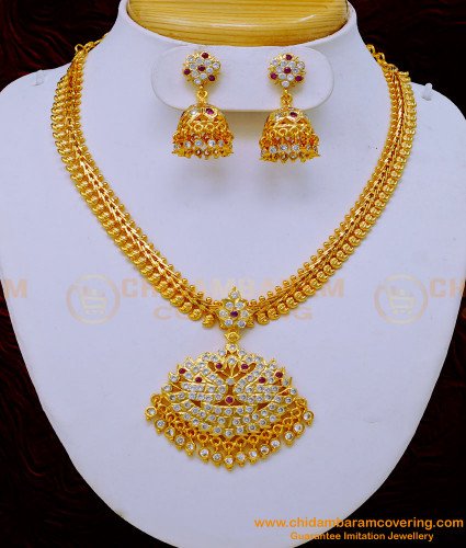 NLC1067 - Traditional Bridal Wear Swan Design Impon Attigai with Stone Jhumkas Necklace Set