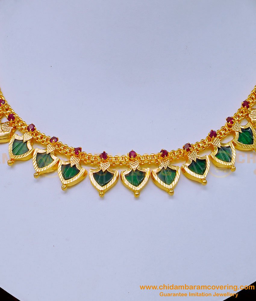 NLC1073 - Traditional Jewellery Stunning Gold Light Weight Green Palakka Necklace Online