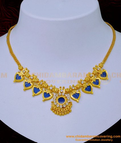 NLC1094 - One Gram Gold Plated Blue Palakka Mala Design Bridal Wear Necklace