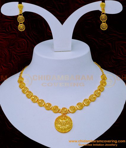 NLC1104 - One Gram Gold Light Weight Dubai Gold Necklace Design with Earrings Online