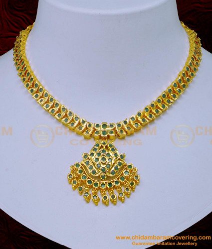 NLC1116 - Traditional Gold Attigai Design Full Emerald Stone Impon Necklace for Women