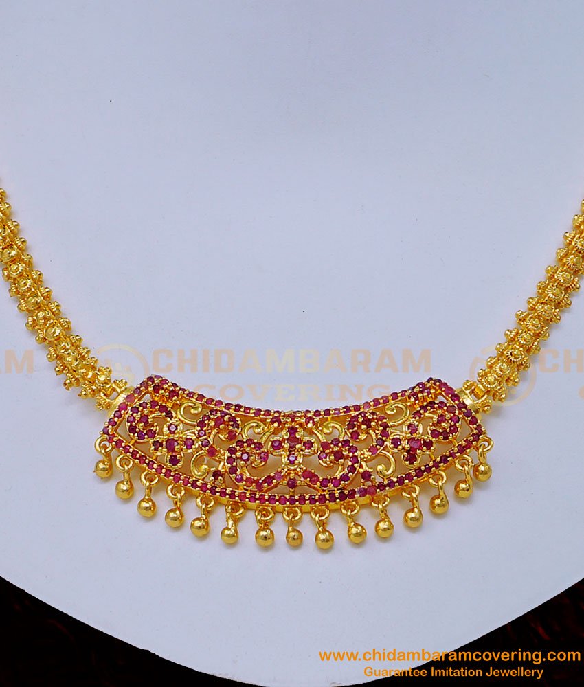 ruby necklace design, pink stone necklace, gold covering necklace, gold plated necklace with price, stone necklace, simple necklace, modern necklace, 