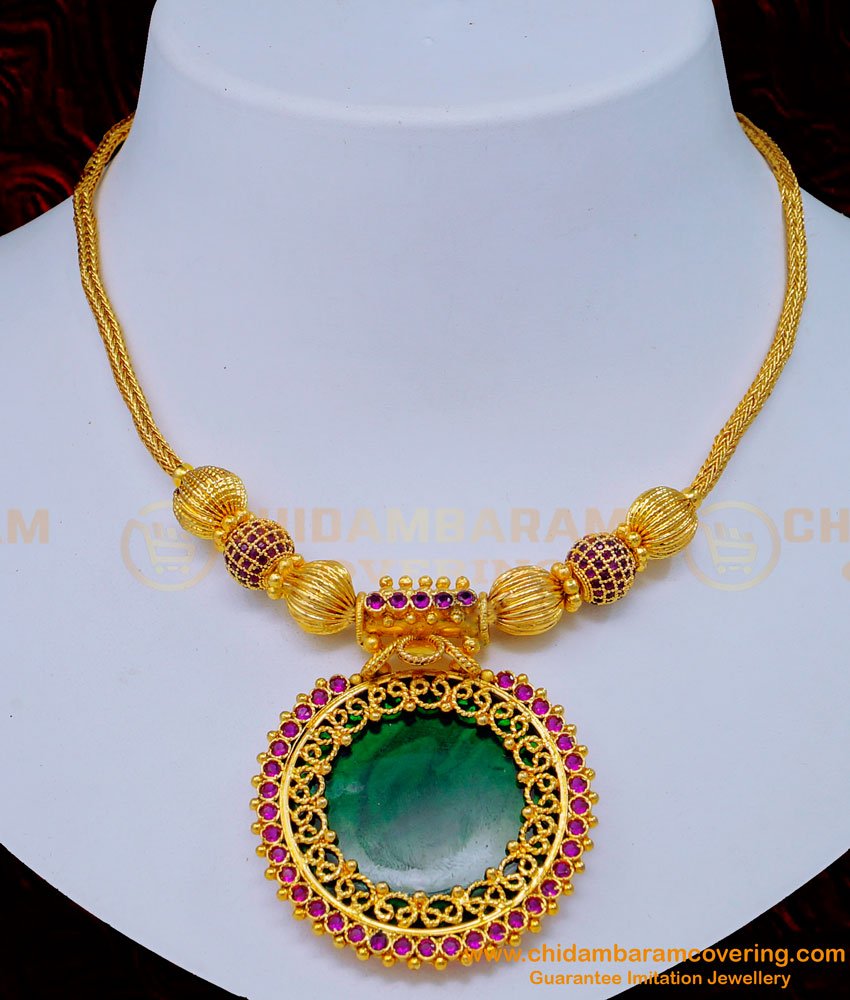 green palakka, palakka mala, palakka necklace, one gram gold palakka necklace, gold plated palakka necklace,